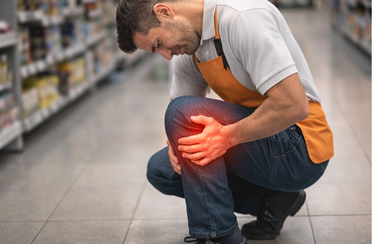 Employé de commerce ressentant une douleur au genoux